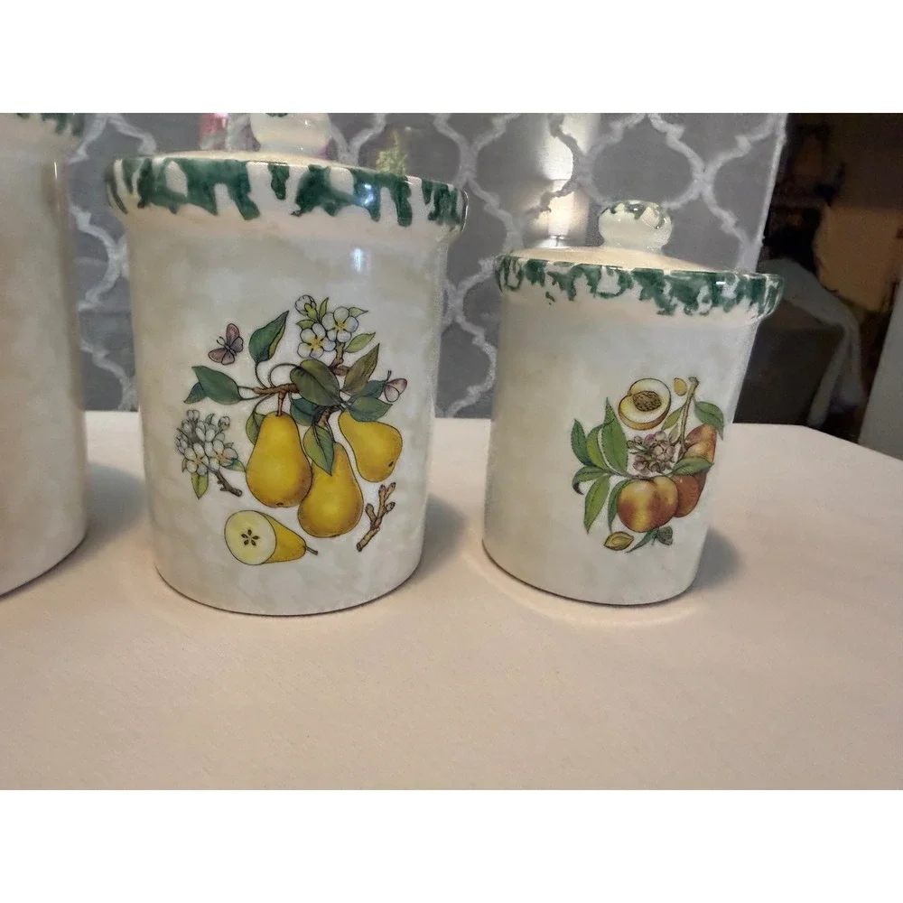Vintage Himark Italy Ceramic Fruit Canister Set 4 Piece Green Trim Farmhouse